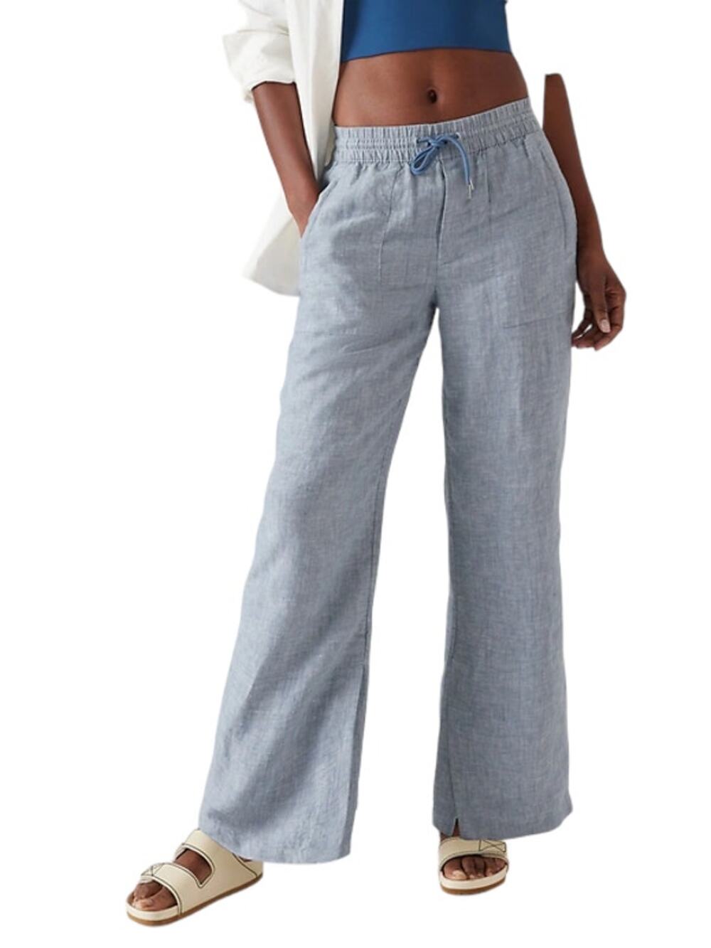 Athleta Retreat Cabo Linen Breathable Wide Leg Pant Chambray Blue Size 18